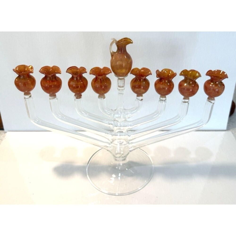 Vintage Blown Glass Dusty Rose Oil Hanukkah Menorah 9-Light Shamash Chanukah